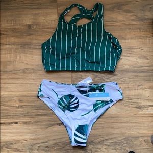 CUPSHE Teal Stripe and Leaves Print Bikini